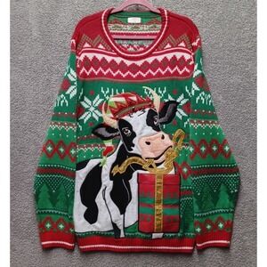 Holiday Time Men's 2XL Ugly Christmas Sweater Cow Gift Box Green Red Acrylic